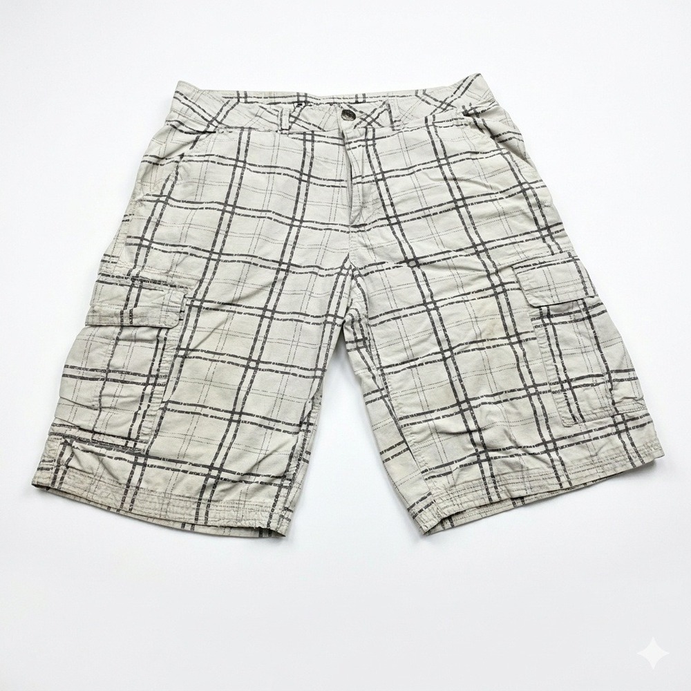 Machine Men's‎ Plaid Cargo Shorts Size 32 Tan Brown Ripstop Cotton Multi-Pocket